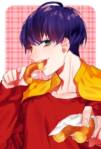 Anime picture 1378x2039 with a3! tsukioka tsumugi artwele single tall image looking at viewer short hair green eyes purple hair upper body ahoge one eye closed eating outstretched hand clothes on shoulders plaid plaid background boy food doughnut