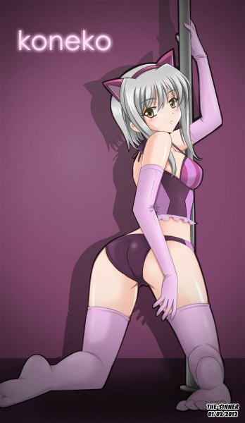 Anime picture 696x1200 with highschool dxd toujou koneko the-sinner single tall image blush short hair light erotic brown eyes light smile grey hair girl thighhighs gloves underwear panties elbow gloves