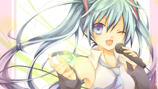 Anime picture 1500x844 with vocaloid hatsune miku single long hair open mouth blue eyes wide image twintails bare shoulders one eye closed wink aqua hair girl detached sleeves necktie microphone wire (wires)