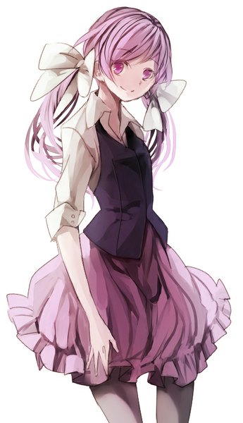 Anime picture 576x1000 with original nonoharak single long hair tall image looking at viewer smile standing white background twintails pink hair pink eyes low twintails open collar twisty sleeves girl skirt bow hair bow shirt