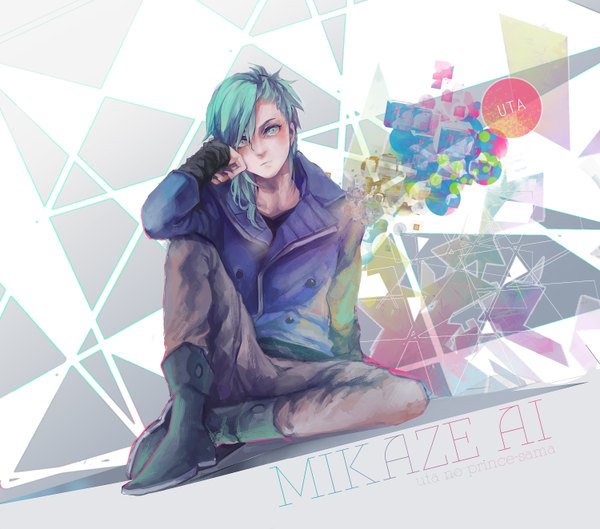 Anime picture 3000x2646 with uta no prince-sama a-1 pictures mikaze ai cp .ieng single highres short hair blue eyes sitting nail polish aqua hair inscription boy boots