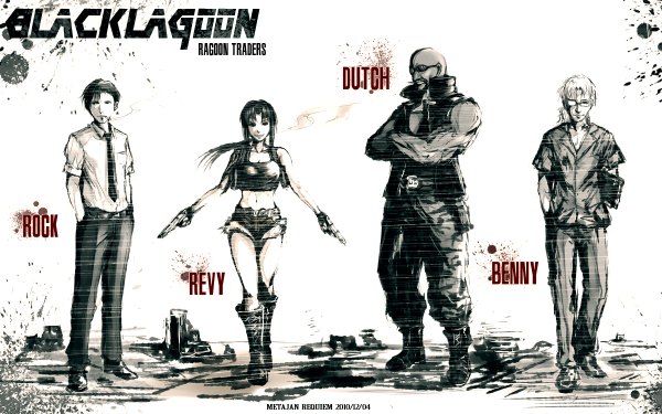 Anime picture 1200x750 with black lagoon madhouse revy (black lagoon) okajima rokuro dutch (black lagoon) benny (black lagoon) kei-suwabe long hair short hair black hair blonde hair smile black eyes inscription dark skin monochrome smoke crossed arms hands in pockets smoking