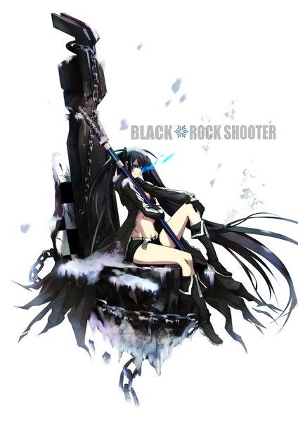 Anime picture 1240x1754 with black rock shooter black rock shooter (character) pen (steelleets) tall image looking at viewer fringe smile sitting twintails holding very long hair profile aqua eyes glowing glowing eye (eyes) checkered gloves weapon sword shorts