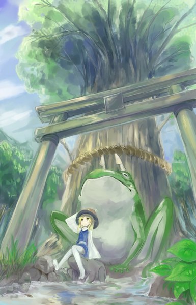 Anime picture 1282x1997 with touhou moriya suwako caesar8149 tall image short hair blonde hair sitting yellow eyes loli looking up girl thighhighs dress plant (plants) hat white thighhighs tree (trees) water torii frog