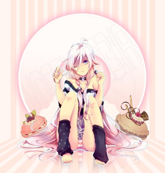 Anime picture 1200x1256 with vocaloid ia (vocaloid) domco single long hair tall image looking at viewer blue eyes light erotic sitting bare shoulders ahoge white hair one eye closed barefoot wink pantyshot sitting girl underwear panties