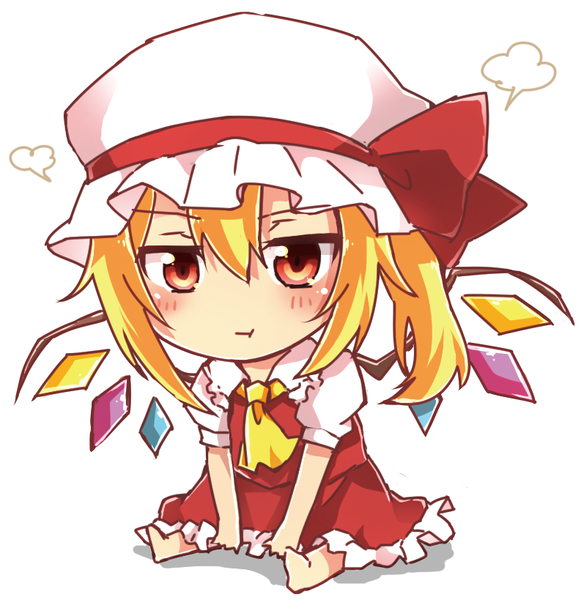 Anime picture 797x819 with touhou flandre scarlet tosura-ayato single tall image blush fringe short hair simple background blonde hair hair between eyes red eyes white background sitting looking away full body barefoot shadow short sleeves puffy sleeves