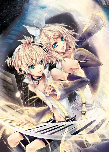 Anime picture 1081x1500 with vocaloid kagamine rin kagamine len ln tall image short hair open mouth blue eyes blonde hair girl boy navel detached sleeves shorts hairband headphones