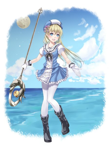 Anime picture 1000x1324 with original ray-akila long hair tall image blush open mouth blue eyes blonde hair cloud (clouds) girl dress gloves boots frills moon beret staff