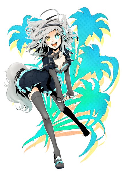 Anime picture 1500x2121 with original plastick single tall image blush breasts open mouth smile animal ears tail grey hair heterochromia girl thighhighs dress plant (plants) tree (trees) headphones palm tree