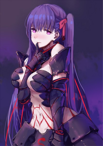 Anime picture 1379x1950 with fate (series) fate/kaleid liner prisma illya matou sakura berserker (fate/zero) hfp kubiao single long hair tall image looking at viewer blush fringe breasts light erotic simple background large breasts purple eyes purple hair tattoo side ponytail finger to mouth