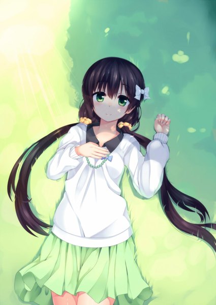 Anime picture 800x1129 with amairo islenauts yuzusoft amagiri yune east01 06 single long hair tall image looking at viewer blush black hair smile twintails green eyes girl dress bow hair bow