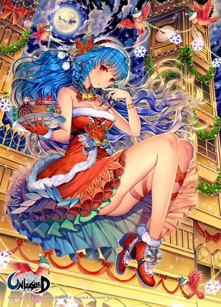 Anime picture 650x900 with unleashed ells (ellsat) single long hair tall image blush light erotic red eyes bare shoulders blue hair cloud (clouds) ass copyright name wavy hair girl dress gloves animal shoes hairband