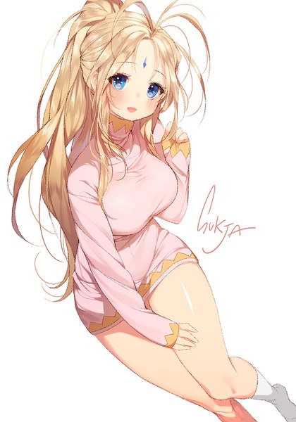 Anime picture 700x1000 with aa megami-sama anime international company belldandy sorolp single tall image looking at viewer blush fringe breasts open mouth blue eyes blonde hair simple background smile large breasts white background signed ahoge ponytail