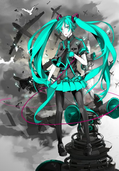 Anime picture 1250x1796 with vocaloid koi wa sensou (vocaloid) hatsune miku tunapon01 single long hair tall image fringe standing twintails aqua eyes aqua hair smoke girl skirt gloves uniform school uniform animal shirt