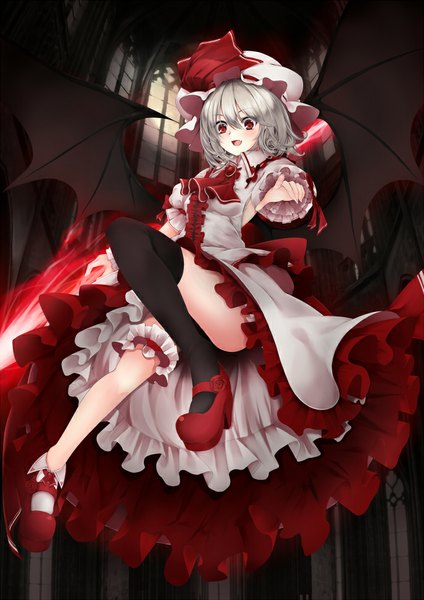 Anime picture 687x971 with touhou remilia scarlet utakata (kochou no yume) single tall image blush short hair open mouth red eyes silver hair legs vampire girl thighhighs dress black thighhighs wings frills bonnet