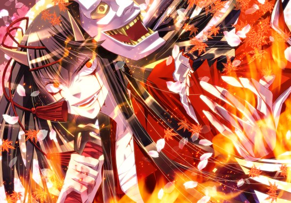 Anime picture 2500x1748 with original hinomoto oniko shijuu hachi long hair highres black hair red eyes horn (horns) oni horns mask on head girl blood mask fire demon mask