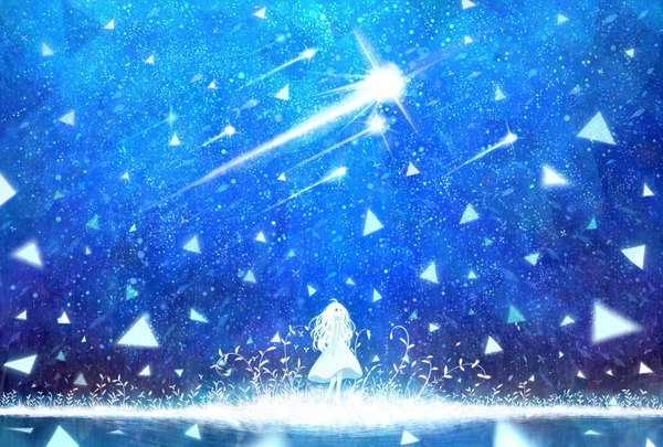 Anime picture 1480x1000 with original bounin single long hair blue eyes sky white hair barefoot blue background girl dress plant (plants) water star (stars) grass
