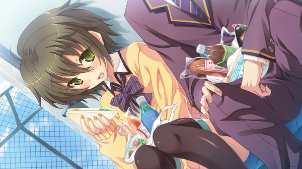 Anime picture 1280x720 with otome switch looking at viewer blush short hair open mouth black hair wide image green eyes game cg couple girl thighhighs boy uniform black thighhighs school uniform food obento