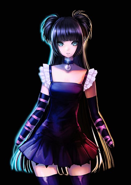 Anime picture 800x1132 with original si (pixiv) single long hair tall image looking at viewer fringe blue eyes black hair simple background twintails zettai ryouiki glowing black background amputee girl thighhighs dress black thighhighs choker