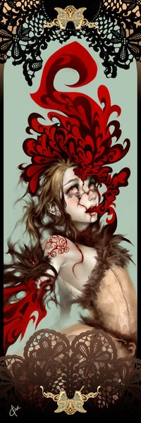 Anime picture 601x1800 with original genk single long hair tall image open mouth brown hair signed yellow eyes armpit (armpits) tears piercing looking up girl dress insect butterfly blood lace