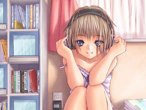 Anime picture 1024x768 with original short hair blue eyes smile brown hair strap slip headphones shelf bookshelf inoh shin