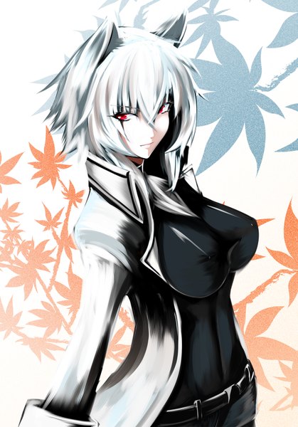 Anime picture 1150x1648 with touhou inubashiri momiji single tall image short hair breasts red eyes large breasts standing animal ears looking away white hair tail light smile facial mark albino girl belt coat