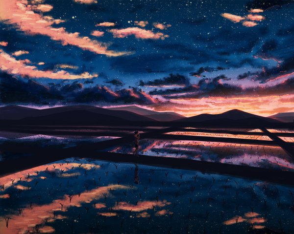 Anime picture 1024x819 with original natsu (hottopeppa3390) single sky cloud (clouds) profile reflection horizon mountain landscape scenic morning sunrise ambiguous gender water star (stars) pond rice paddy