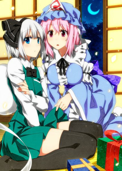 Anime picture 800x1120 with touhou konpaku youmu saigyouji yuyuko myon sazanami mio tall image looking at viewer blush short hair blue eyes sitting multiple girls pink hair white hair traditional clothes japanese clothes pink eyes no shoes zettai ryouiki christmas