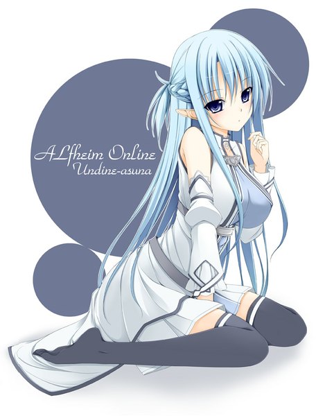 Anime picture 761x1000 with sword art online a-1 pictures yuuki asuna asuna (sao-alo) tomosuke single long hair tall image breasts blue eyes bare shoulders blue hair pointy ears girl thighhighs dress black thighhighs detached sleeves