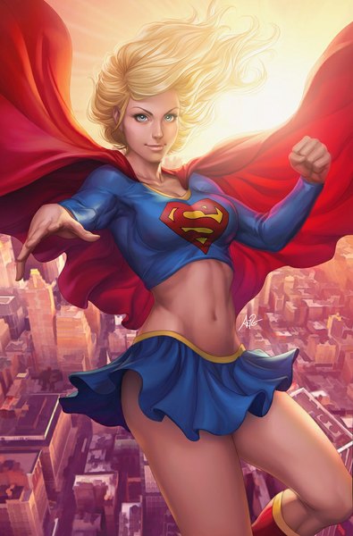 Anime picture 659x1000 with dc comics supergirl artgerm (stanley lau) single long hair tall image blue eyes light erotic blonde hair smile wind lips sunlight realistic midriff city superhero girl navel miniskirt