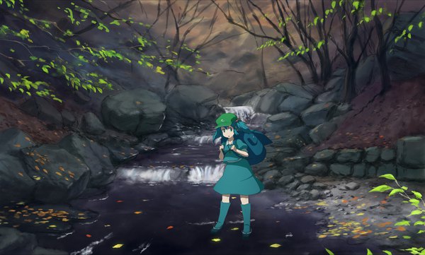 Anime picture 1800x1083 with touhou kawashiro nitori sasaj single fringe highres short hair open mouth blue eyes wide image standing twintails blue hair looking away full body puffy sleeves partially submerged short twintails bare tree stream
