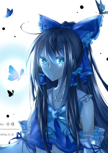 Anime picture 800x1131 with touhou hakurei reimu bing qiong single long hair tall image looking at viewer fringe blue eyes black hair hair between eyes signed upper body ahoge ponytail parted lips glowing hieroglyph dated monochrome