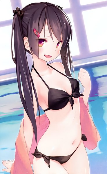 Anime picture 2150x3495 with original gayarou single long hair tall image blush highres open mouth light erotic black hair red eyes twintails scan girl navel swimsuit bikini black bikini towel