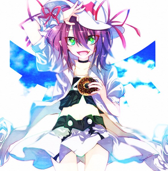 Anime picture 985x1000 with yumekui merry merry nightmare yugaibussitsu single tall image looking at viewer short hair open mouth green eyes purple hair teeth bare belly fang (fangs) girl skirt ribbon (ribbons) miniskirt choker food jacket