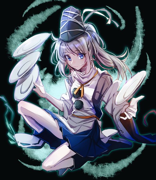 Anime picture 2000x2300 with touhou mononobe no futo aibivy single long hair tall image highres blue eyes simple background payot silver hair full body ponytail traditional clothes japanese clothes black background spread arms aura girl hat