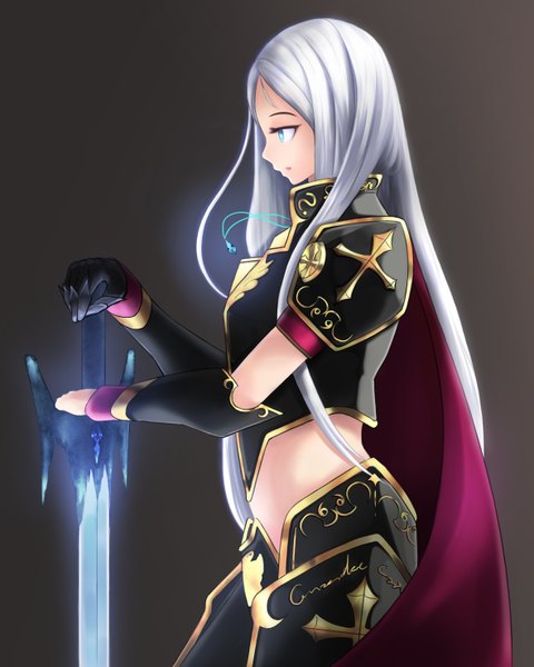 Anime picture 2361x2953 with original benezia single long hair tall image highres blue eyes white hair profile dark background girl gloves weapon sword armor
