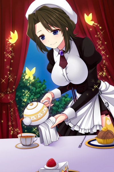 Anime picture 960x1440 with umineko no naku koro ni shannon uzu hi single tall image short hair blue eyes brown hair maid girl dress sweets insect butterfly cup cake teapot