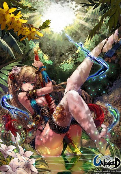 Anime picture 1500x2146 with unleashed qbspdl single long hair tall image looking at viewer highres breasts blue eyes light erotic brown hair twintails legs girl thighhighs dress hair ornament weapon plant (plants) white thighhighs