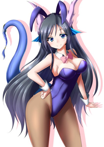 Anime picture 850x1202 with puzzle & dragons karin (p&d) minato yoshihiro single long hair tall image looking at viewer fringe breasts blue eyes light erotic black hair simple background smile large breasts white background animal ears tail animal tail horn (horns)