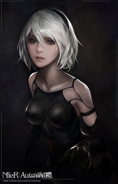 Anime picture 963x1500 with nier nier:automata yorha type a no. 2 sakusaku (frostce) single tall image looking at viewer short hair breasts simple background large breasts signed silver hair upper body parted lips lips realistic mole copyright name lipstick