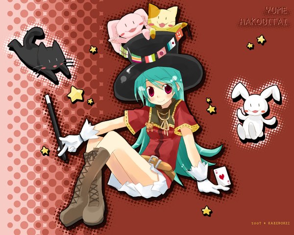 Anime picture 1280x1024 with original fugetsu aoi single looking at viewer smile red eyes signed full body green hair crossed legs girl skirt gloves animal boots white gloves cat bunny card (cards) white skirt
