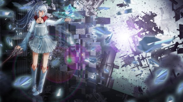 Anime picture 3413x1920 with rwby rooster teeth weiss schnee anonamos701 single long hair highres wide image standing blue hair looking away open clothes open jacket outstretched arm magic light destruction girl weapon petals