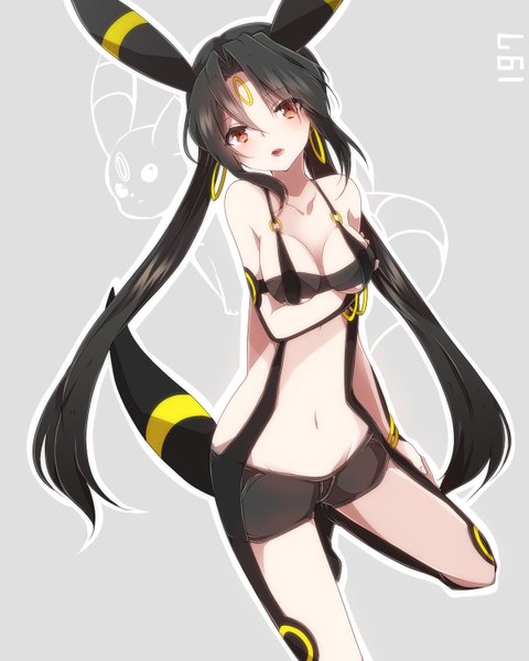 Anime picture 1200x1500 with pokemon nintendo umbreon takeshima eku single long hair tall image breasts open mouth light erotic black hair twintails brown eyes animal ears animal tail personification gen 2 pokemon pokemon number girl navel