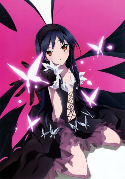 Anime picture 1895x2705 with accel world sunrise (studio) kuroyukihime single tall image looking at viewer fringe highres breasts black hair simple background white background brown eyes ahoge kneeling glowing insect wings butterfly wings girl dress