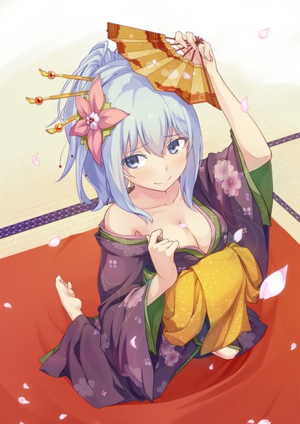 Anime picture 992x1403 with ore no kanojo to osananajimi ga shuraba sugiru a-1 pictures natsukawa masuzu tagme (artist) single tall image short hair breasts blue eyes light erotic smile large breasts blue hair looking away cleavage traditional clothes japanese clothes hair flower from above girl