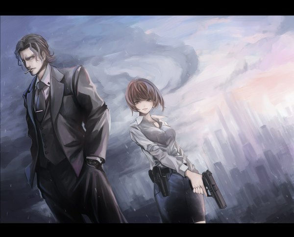 Anime picture 1228x990 with psycho-pass production i.g tsunemori akane tougane sakuya koh (minagi kou) looking at viewer short hair black hair brown hair holding brown eyes cloud (clouds) city letterboxed cityscape open collar hands in pockets girl boy skirt