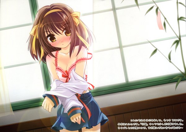 Anime picture 2460x1750 with suzumiya haruhi no yuutsu kyoto animation suzumiya haruhi blush highres short hair light erotic brown hair brown eyes undressing girl ribbon (ribbons) hair ribbon serafuku