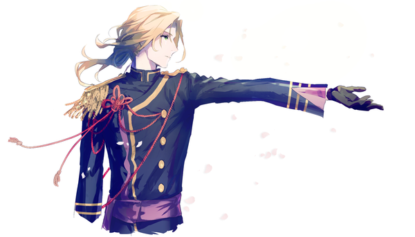 Anime picture 1024x587 with idolmaster idolmaster side-m tsuzuki kei map (map imas) single long hair simple background blonde hair wide image white background green eyes looking away upper body profile wind outstretched arm boy epaulettes