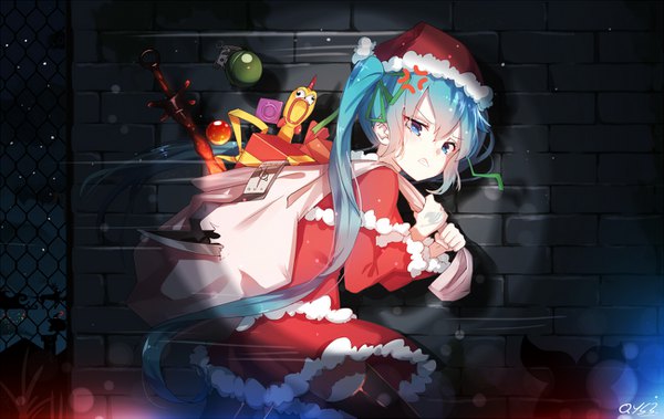 Anime picture 1300x823 with vocaloid hatsune miku qys3 single long hair fringe blue eyes hair between eyes twintails signed aqua hair night fur trim christmas brick wall anger vein girl hat fur gift