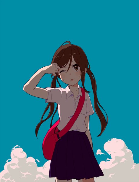 Anime picture 995x1300 with original kise (swimmt) single long hair tall image brown hair twintails brown eyes looking away sky cloud (clouds) pleated skirt one eye closed wink girl skirt shirt bag